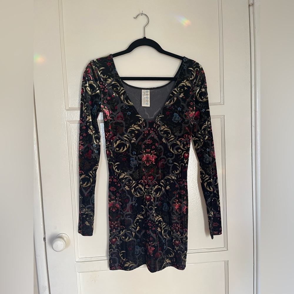 90s free people black velvet bodycon dress s small